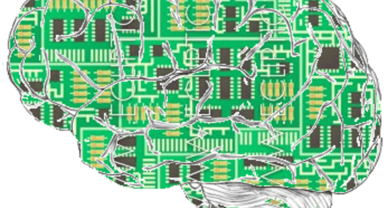 Ilustración de un cerebro con circuitos electrónicos en verde