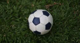 Balón de fútbol blanco y azul marino sobre el pasto verde