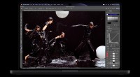 MacBook Pro con pantalla PROLED XDR mostrando Adobe Photoshop, con una foto de bailarinas de cuero negro sobre fondo oscuro