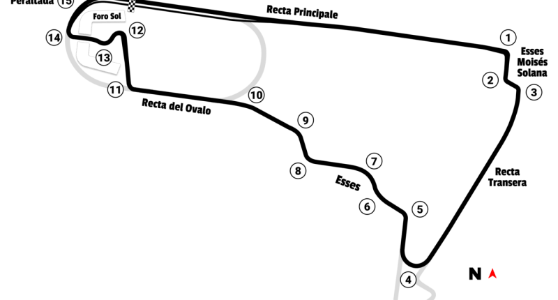 Mapa del trazado del Autódromo Hermanos Rodríguez de Ciudad de México, con sus 15 curvas numeradas