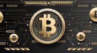 Ilustración de monedas doradas de bitcoin sobre un circuito digital, fondo oscuro