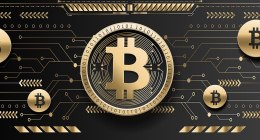 Ilustración de monedas doradas de bitcoin sobre un circuito digital, fondo oscuro