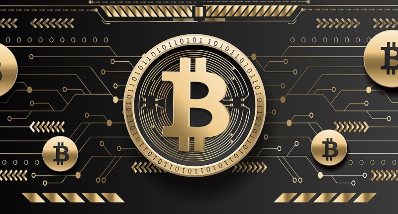 Ilustración de monedas doradas de bitcoin sobre un circuito digital, fondo oscuro