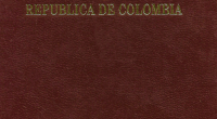 Portada azul de un pasaporte colombiano con el escudo nacional