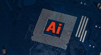 Chip de computadora sobre una placa de circuitos azul, con el texto 'Ai' en rojo sobre el procesador