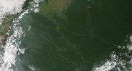 Vista satelital de la selva amazónica, con ríos que serpentean entre el verde y nubes al occidente