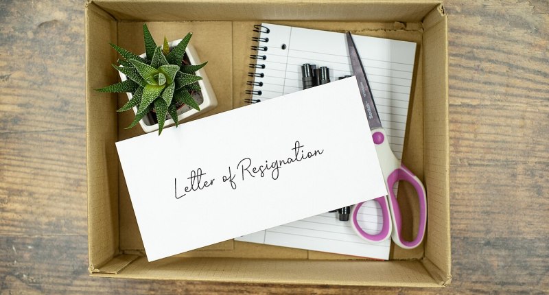 Caja de cartón con una planta, una libreta, unas tijeras y una tarjeta que dice Letter of Resignation