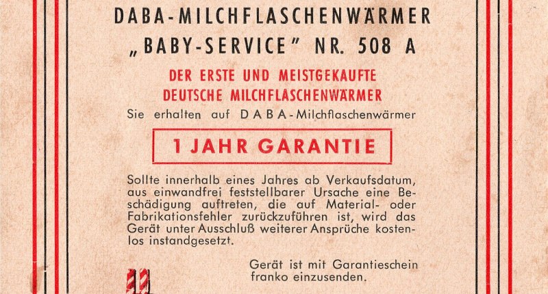 Certificado de garantía impreso en rojo y negro, con el texto 1 año de garantía para un calentador de biberones, con un sello y una fecha de venta escrita a mano