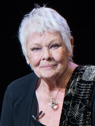 Retrato de la actriz Judi Dench, con cabello corto y blanco y blusa negra, sobre fondo oscuro