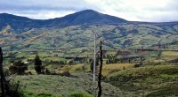 Paisaje rural de montañas y potreros verdes con postes de luz, en la región de Pasto