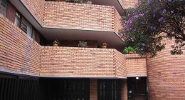 Fachada de ladrillo de un conjunto residencial en Bogotá, con balcones y plantas