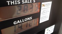 Surtidor de gasolina con pantallas de venta en dólares y galones, en una estación de servicio