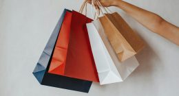 Mano sostiene varias bolsas de compras de colores sobre fondo blanco