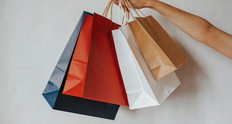 Mano sostiene varias bolsas de compras de colores sobre fondo blanco