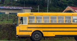 Bus escolar amarillo sobre una vía rural